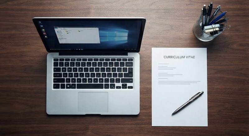 Глобальное CV: как пересобрать свой профессиональный опыт для международного рынка Руки на клавиатуре ноутбука, рядом на столе лежит аккуратно распечатан