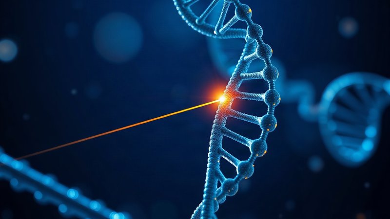Переписывая код жизни: как технология CRISPR-Cas9 меняет медицину и генетику будущего Светящаяся 3D-модель двойной спирали ДНК и лазерный луч, точно рассека