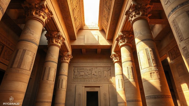 Дендерский Зодиак и храм Хатор: астрономический код древних египтян Старинные величиественные колонны храма Хатор в Дендере с рельефами.