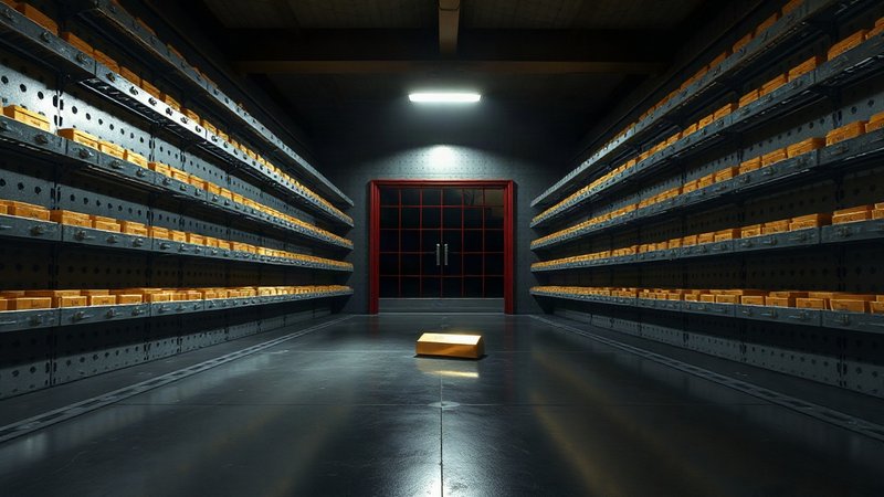 Хроника ценового спада: как золото опустилось ниже психологического рубежа Интерьер защищенного хранилища с тяжелыми полками и золотым слитком по